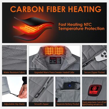 Електрична грійна жилетка для чоловіків Telguua з powerbank 12000mAh, 3 температурні режими, 4 зони обігріву, USB, для катання на лижах та роботи на вулиці (Сірий)