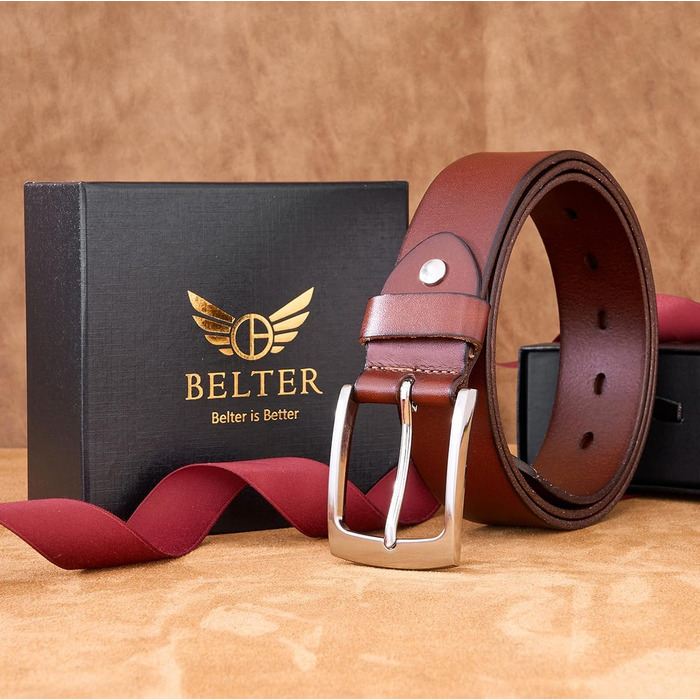 Чоловічий шкіряний ремінь BELTER, 38 мм, для джинсів, з подарунковою коробкою, розмір L (105 см), колір коричневий