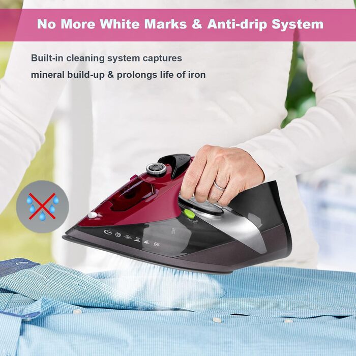 Відпарювач для одягу 3000W з керамічною підошвою - відпарювач з кабелем, самоочищення, резервуар 340мл, автоматичне вимкнення, червоний