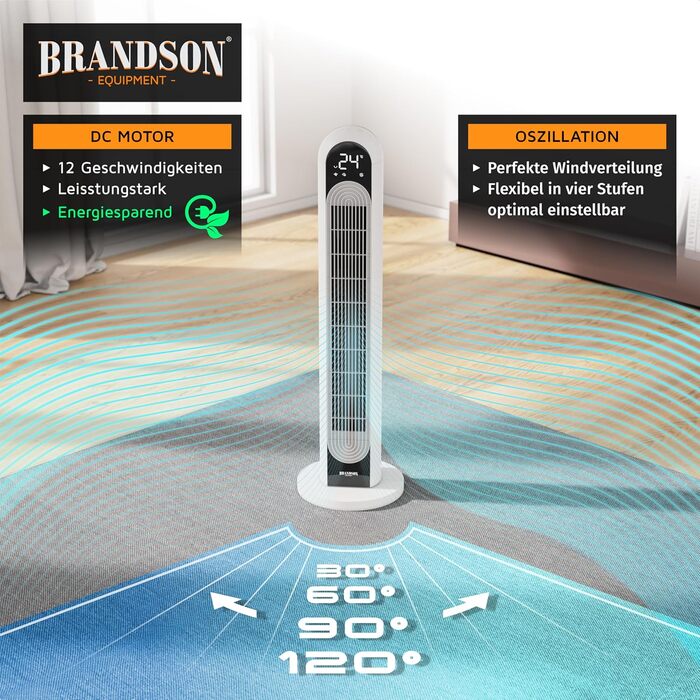 Вентилятор tower Brandson DC – тихий, 12 швидкостей, 4 режими (нормальний, природа, сон, авто), з функцією осциляції. Еко-дизайн.