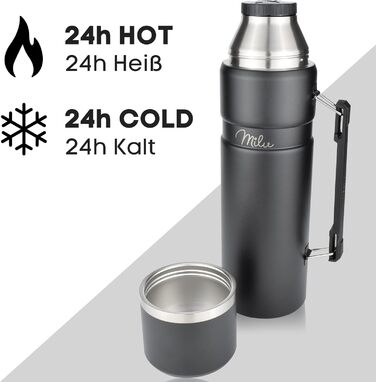 Термос Milu Thermoskanne 1L: ізольована фляга з нержавіючої сталі, 1000 мл, чорний колір. Безпечна, з подвійними стінками.