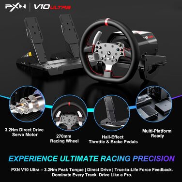 PXN V10 Ultra Gaming Руль для ПК, PS4, Xbox з Direct-Drive та педалями, 270°