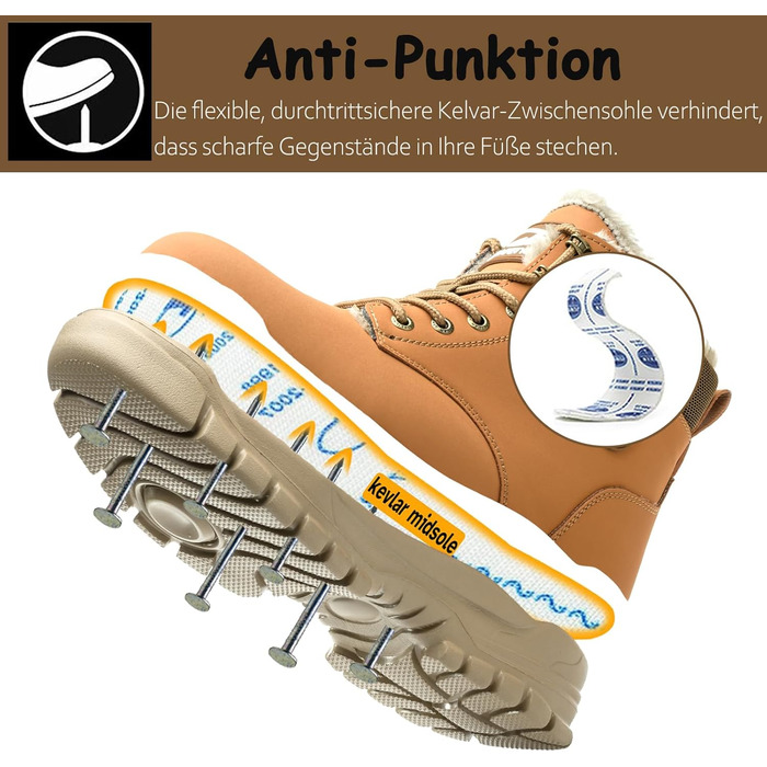 Зимові робочі черевики для чоловіків та жінок. Водонепроникні, з металевим підноском, легкі, теплі, антиковзаючі. Розмір 41 EU, Колір: Коричневий