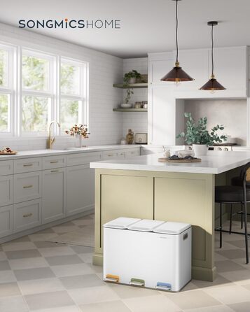 SONGMICS Відро для сміття кухонне, 3 відсіки по 15 л, з педалями, сортувальник сміття, з кришками та внутрішніми відрами, сталь, білий LTB740W02V1