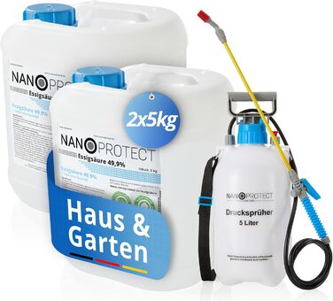 Оцтова кислота Nanoprotect 10 кг з розпилювачем, преміум очищувач і засіб від накипу для дому та саду, Німеччина