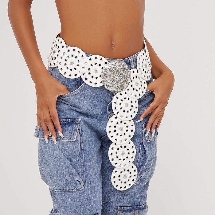 Жіночий шкіряний пояс LIMHOO з вирізами, білий, розмір XL (150 см) в стилі бохо вестерн