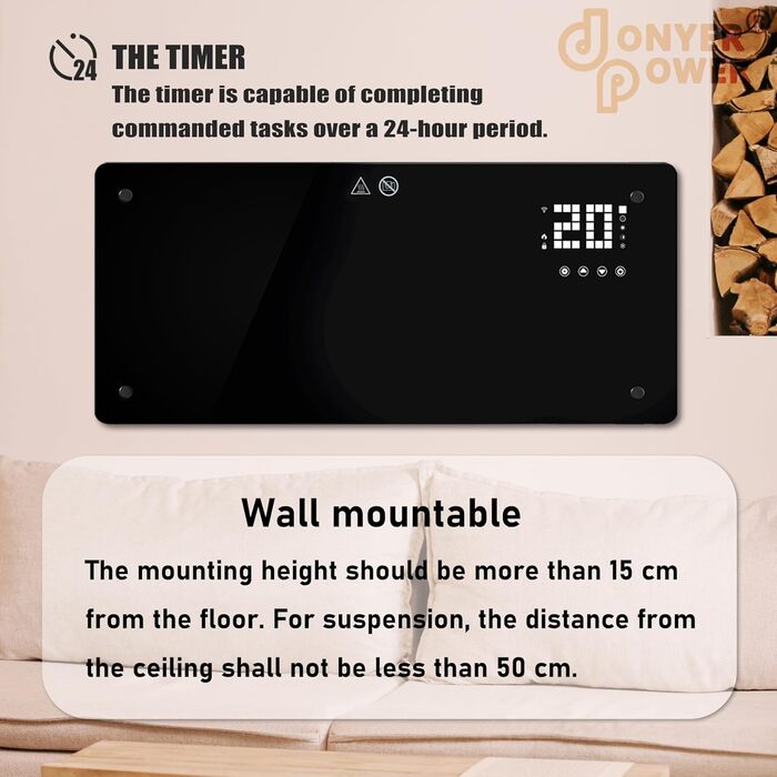 Конвектор DONYER POWER 2500W з Wi-Fi, чорний, настінний/підлоговий, таймер, пульт, 2.5 кВт