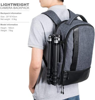 Рюкзак для камери K&F Concept 18L сірий/чорний з відділенням для ноутбука 15.6 дюймів, водонепроникний, для DSLR/штатива/аксесуарів