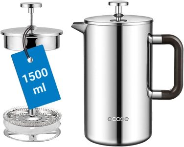Френч-прес Ecooe 1.5 л з подвійними стінками, нержавіюча сталь 18/10, 3 фільтри, велика ємність для кави