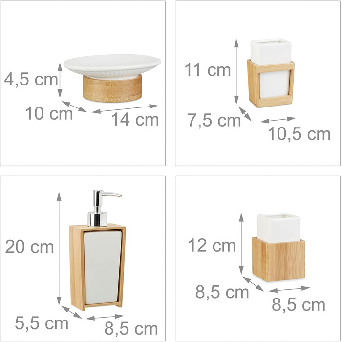 Набір для ванної кімнати Relaxdays, 4 предмети: мильниця, дозатор мила, стакан для зубної щітки, бамбукова підставка, кремовий, 10 x 14 x 20 см