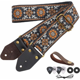 Гітарний ремінь Nefelibata з вишивкою 'Жовта Квітка' – бавовна, Crazy Horse шкіра, для бас-гітари, електро- та акустичної гітари, подарунок для дітей та гітаристів, стиль ретро E#