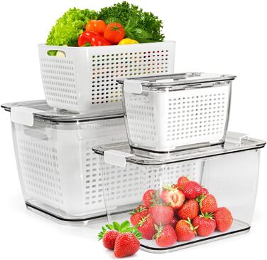 Freshness Food Storage Containers Set Refrigerator Organizer Reusable Storage Containers 3-Piece Set (0.5L+1.7L+4.5L) Plastic Refrigerator Organizer Set with Lid and Strainer (White, 3-Piece Set)