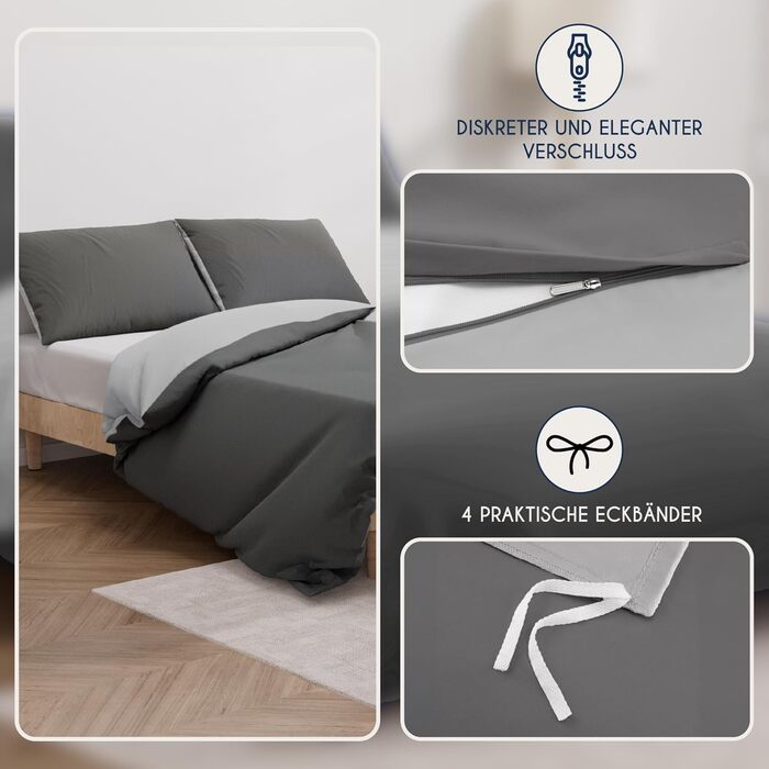 Комплект постільної білизни Dreamzie 240x220 см з 2 наволочками 80x80 см чорного/темно-сірого кольору - 1 простирадло 240x220 з 100% мікрофібри - сертифікований без хімікатів (Oeko TEX) (2 x 135x200 см + 2 наволочки 80x80 см, темно-сірий / світло-сірий)