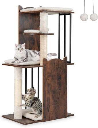 Кігтеточка для котів COSTWAY з будиночком, лежаком та кігтешником, дерев'яна, 69x39x80,5 см (коричнево-чорна)