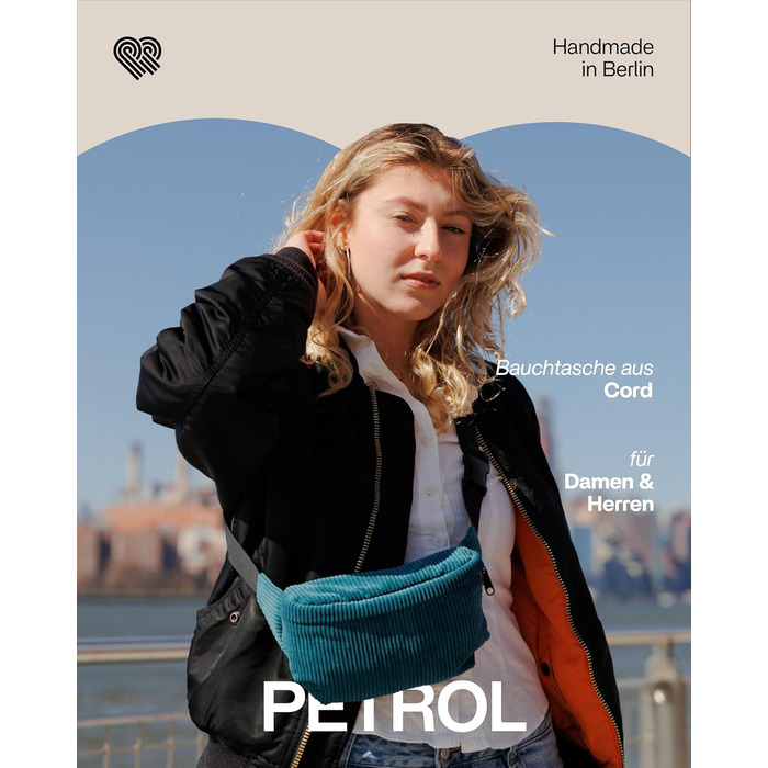 Чоловіча та жіноча поясна сумка PP-Berlin з корду, ручної роботи, веганська, 3 відділення, Made in Germany, для повсякденного використання, можна носити як через плече (Petrol)