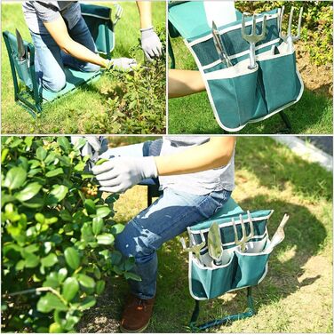 Ohuhu Kneeling Pad for Gardening, Knee Cushion, Folding Garden Stool up to 150 kg, 2-in-1 EVA Foam Cushion Garden Stool with 2 Tool Pockets, Knee Support for Gardening, Garden Bench 60x50x27 cm Green