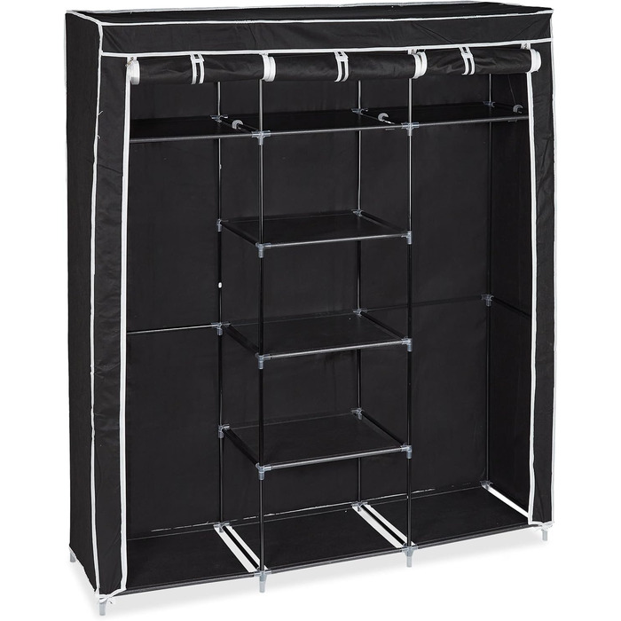 Relaxdays Fabric Clothes Closet, 9 Compartments, 2 Clothes Rails, HBT: 173 x 148 x 43 cm, Camping, Cellar, Folding Closet, Fabric, 10019122-139 (Black)
