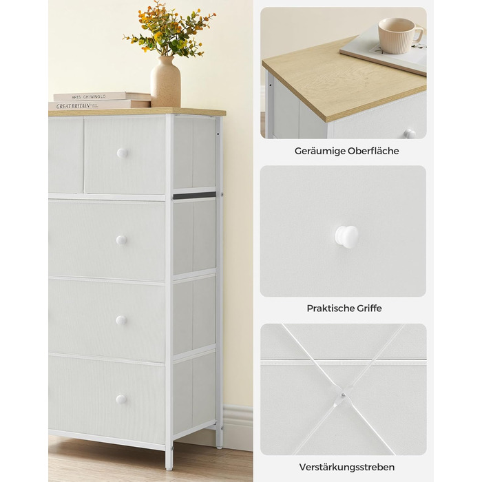 SONGMICS Chest of Drawers, Storage Cabinet, 5 Fabric Drawers, for Entryway, Living Room, White-Oak Finish LTS514W57