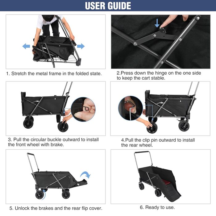 Складаний візок для собак REDCAMP з висувною задньою частиною, міцний, 134 л, великий, для кемпінгу, саду, зі спортивними колесами, для покупок, чорний, Basic - 136 кг