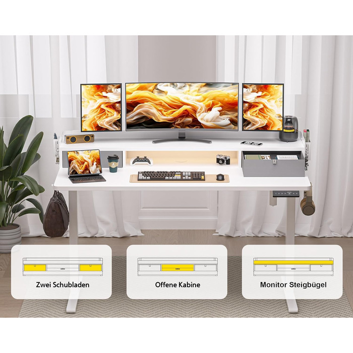 Electric Standing Desk with Drawers - 120x60cm Adjustable Height Desk for Home Office & DIY Pegboard
