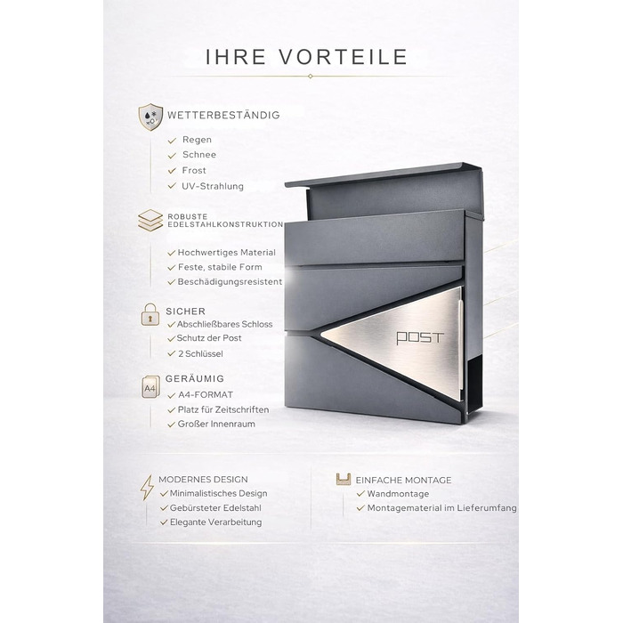 Поштовий ящик Verda з газетницею, нержавіюча сталь, антрацит, 2 ключі - дизайнерський настінний поштовий ящик з прихованим замком