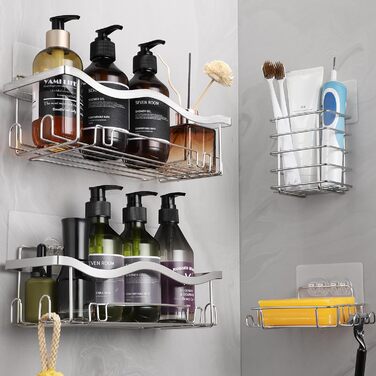 ALOCEO Shower Shelf - No Drilling Required, 4 Pack, Shower Rack with Soap Holder and Toothbrush Holder, Bathroom Shower Organizer, Silver