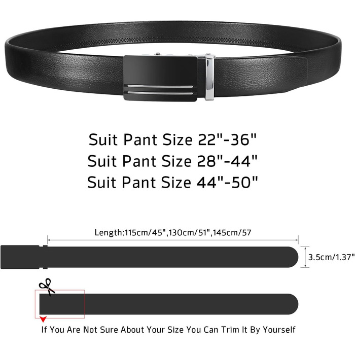 Чоловічий шкіряний ремінь WERFORU з автоматичною пряжкою, регульований, 3.5 см, для костюма та джинсів, E-чорний, 145 см (обхват талії 105-125 см)