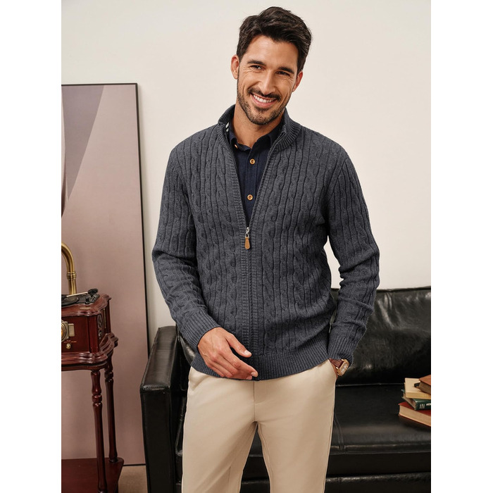 Кардиган чоловічий PJ PAU JONES з блискавкою, стійким коміром та в'язаним візерунком, темно-синій (M, темно-сірий)