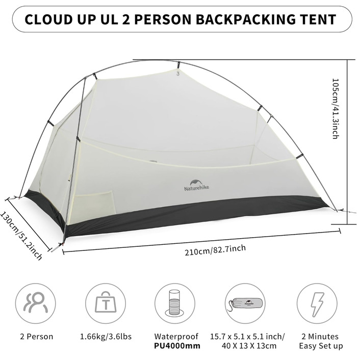 Намет Naturehike Cloud Up Pro 2 особи, легкий туристичний намет для кемпінгу, водонепроникний, сірий