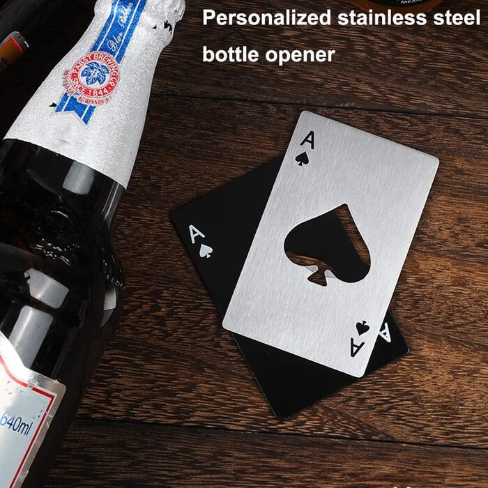 Lxoraziy 10-Piece Bottle Opener Set, Stainless Steel Spade Ace Playing Card Bottle Opener, Creative Beer Bottle Opener, Credit Card Size, Silver & Black