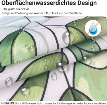 Штора для душу 200x200 см, зелені листки, антигрибкова, текстильна, водовідштовхувальна, поліестер, з кільцями (1 шт)