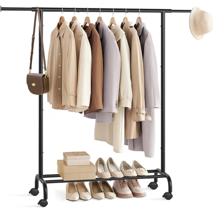 SONGMICS Clothes Rack with Wheels, Extendable Clothes Rod, Garment Rack made of Steel Pipes, Elevated Storage Rod, 40 x (83-120) x 156 cm, Cloud White HSR134W01 (Ink Black)