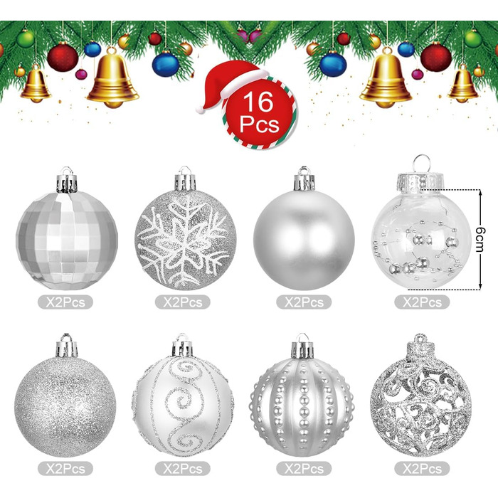 Срібні новорічні кулі - набір 16 шт, пластикові кулі для ялинки 6 см, прикраси для ялинки, опт