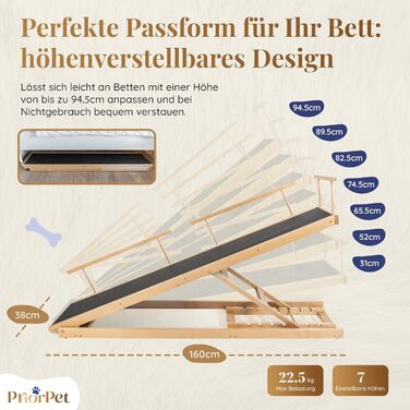 Сходинки для собак PRIORPET з берези з поручнями - регульована висота до 94.5 см - складаються - антиковзаюча поверхня - для маленьких собак до 23 кг - натуральне дерево