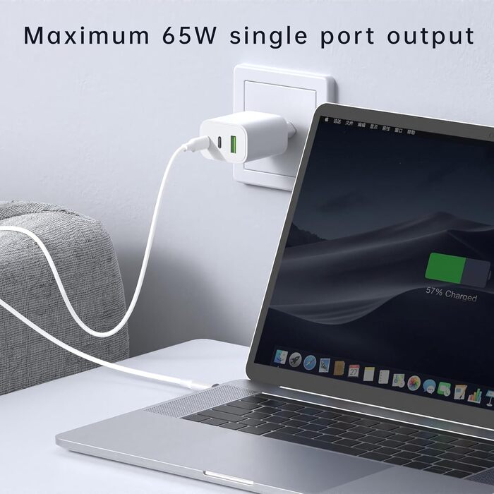 Зарядний пристрій USB-C 65W 3-порти, мережевий адаптер PD для MacBook Pro/Air, iPhone 16/15/14/13, iPad, Samsung S24, Pixel (Білий)