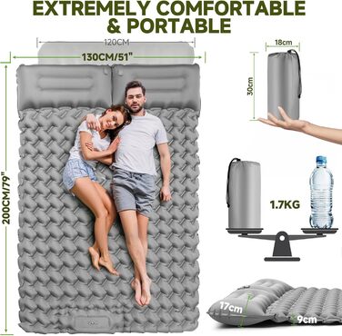 Каремат для кемпінгу Isomatte 9 см, 200x68 см - надувний матрац з подушкою, водонепроникний, для туризму, пляжу, намету (сірий)