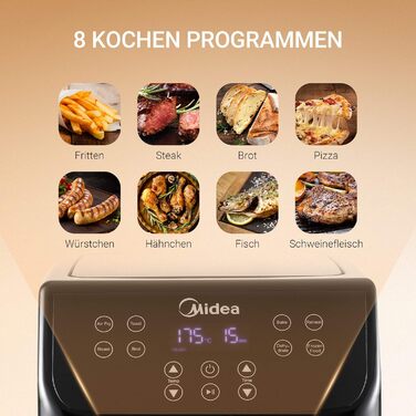 Аерофритюрниця Midea MF-TN40D2 XL 4 л, 1500 Вт, Dual Cyclone, 90% менше жиру, таймер 60 хв, контроль температури до 200°C, авто відключення, чорна