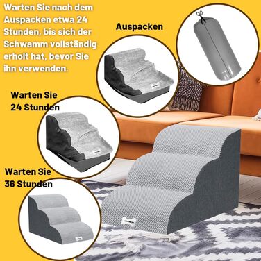 WGYTECH 4-Step Dog Stairs, Pet Ramp for Sofa and Bed, High-Density Sponge Dog Stairs, Washable Cover & Non-Slip Bottom, Dog Ramp for Dogs and Cats, L72xW40xH50cm (3-Step Grey 40cm High)