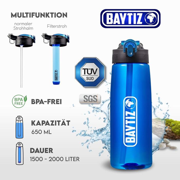Water Bottle + Straw Filter + Carabiner - Water Filter Outdoor with Activated Carbon - Sports Survival Camping Hiking Survival Water Bottle Straw Water Purifier Life Filter System Straw