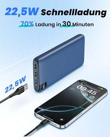 Power Bank Riapow 26800mAh з LED-дисплеєм, 4 виходи, USB-C, швидка зарядка 22.5W, блакитний
