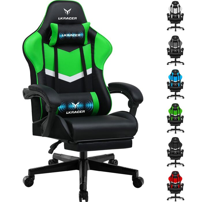 Ігрове крісло LUCKRACER з підніжкою та ергономічною підтримкою попереку, регульована висота, подушки під голову та спину, витримує до 150 кг (Зелене)