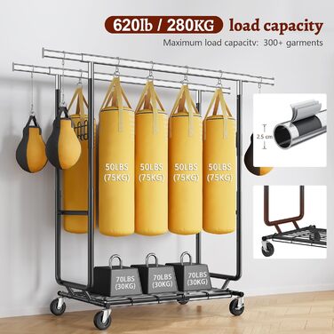 Стійка для одягу на колесах FAVOOOSTY, металева, мобільна, до 200 кг, чорна, 2 стяжки