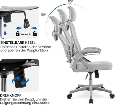 Офісний крісло Yaheetech ергономічне, з підйомними підлокітниками, поворотне з підголівником, для керівника, з функцією гойдання, до 136 кг, сірий