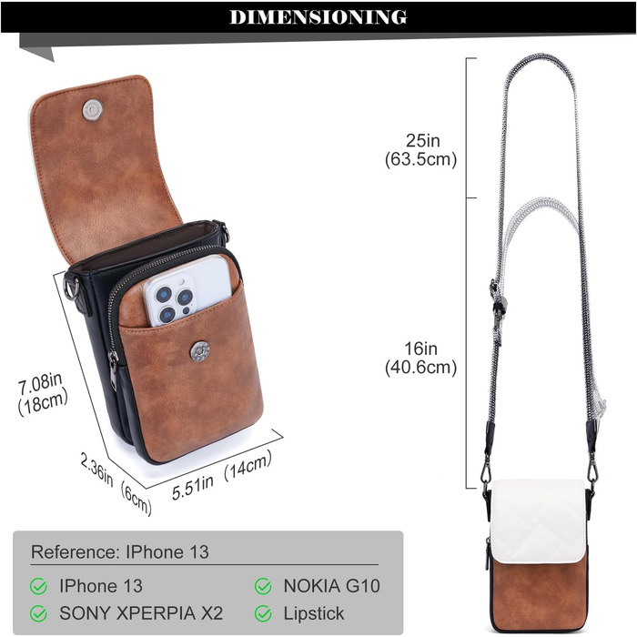 Сумка-органайзер на шию MUIIKOLA для телефону з RFID-захистом, велика місткість, екошкіра, гаманець, широка лямка, чорно-коричнево-біла