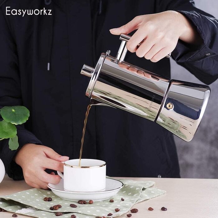 Easyworkz Diego Espresso Maker for Stove, Stainless Steel, Italian Coffee Machine, Moka Pot for 6 Cups, 300 ml Espresso Pot for Induction Silver