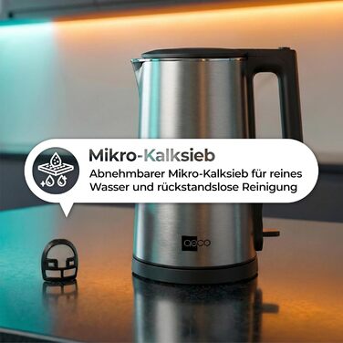 Електричний чайник Aeco AQA NEO з нержавіючої сталі, 1.7 л, 2150 Вт, без BPA, фільтр від накипу, бездротовий, CoolTouch, шампань сріблястий