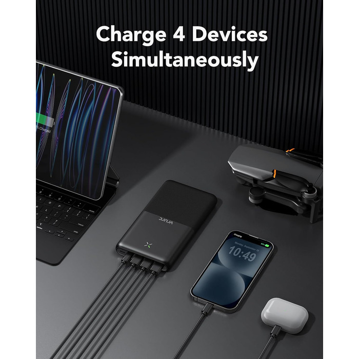 Power Bank VRURC 30000mAh 22.5W з 4 виходами та 3 входами: зарядний пристрій для iPhone, Huawei, планшетів (чорний)