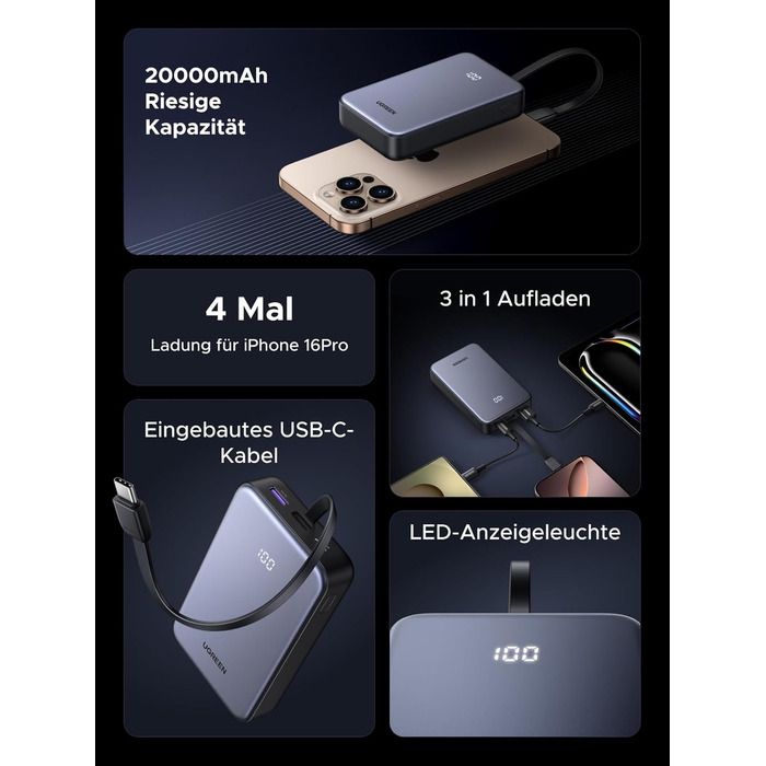 Power Bank UGREEN 20000mAh 22.5W з USB-C кабелем: заряд для iPhone, Samsung Galaxy та інших