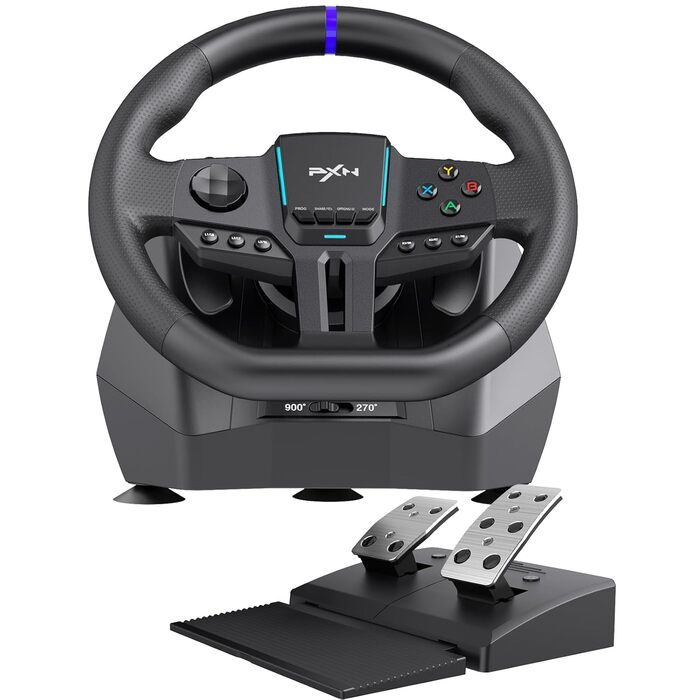PXN V900 Gen2 Ігровий кермо з педалями Hall Effect – 16-бітне USB кермо для ПК з кутом повороту 270°/900°, вібрація, перемикачі передач та керування через додаток – сумісне з PC, Xbox, PS4, PS3, Switch