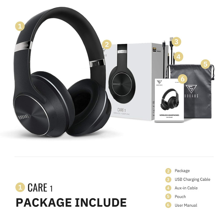 Навушники Bluetooth DOQAUS Over-Ear, 90 годин роботи, бездротові, з 3 EQ-режимами, HiFi стерео, складні, з мікрофоном, м'які амбушюри, для телефонів/подорожей/офісу/ноутбуків/ПК - Чорний